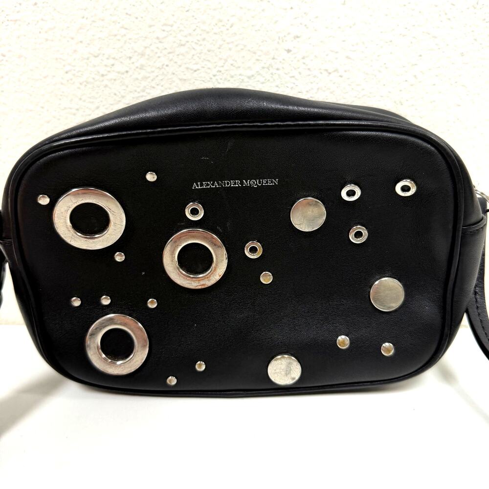 Alexander McQueen Eyelet Black Leather Camera Crossbody Strap Bag Purse - Picture 2 of 14